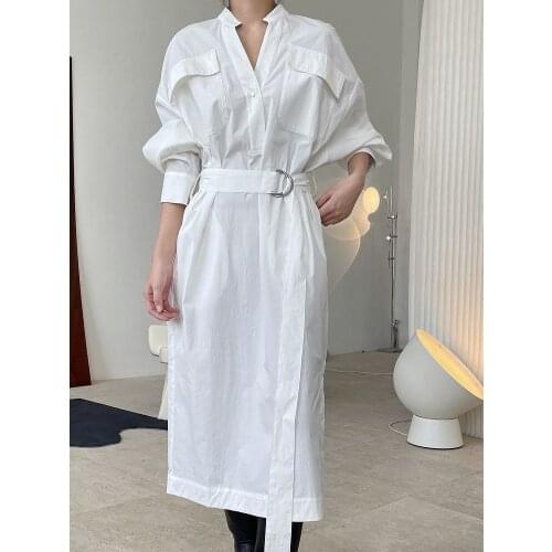 2021 Autumn New Dress Woman Long Sleeve Loose Shirt Dress Women With Belt Long Dresses Pocket Shirt Dress Casual Womens Dresses