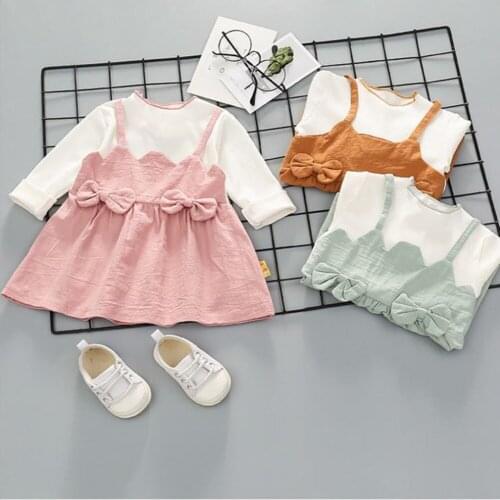 New Spring Antumn Solid Baby Princess Dress Cute Long Sleeve Cotton And Linen Girl Dress Kids Bottom Under Coat Dress