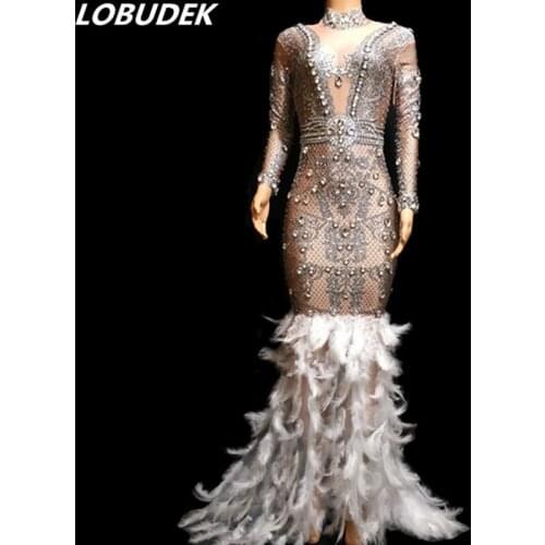 Sexy Silver Rhinestones White Feathers Trailing Dress Female Singer Host Models Catwalk Stage Wear Mermaid Dress Party Show Wear