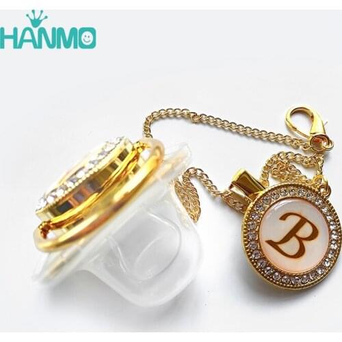 26 Name Initial Letter Baby Pacifier and Pacifier Clips BPA Free Silicone Infant Nipple Luxury Rhinestone Newborn Dummy Soother