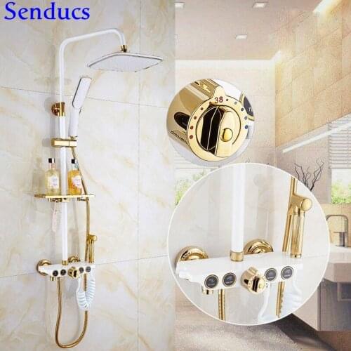 Senducs Thermostatic Shower Set Quality Brass Bathroom Shower Faucet Square Rain Top Shower White Gold Bathroom Shower System