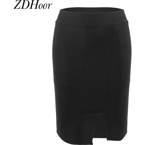 Womens Fashion Bodycon Skirt Elastic Wide Waistband Side Slit Hem Slim Fit Knee Length Casual OL Office Pencil Skirt