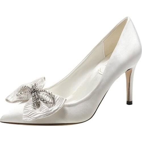 New Fashion Shallow Mouth Bow with Beaded Satin Sexy High Heels Women Shoes