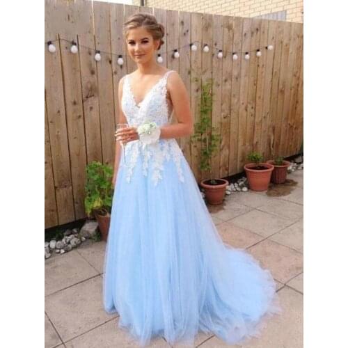 Light Sky Blue Prom Dresses A Line Long Evening Party Gowns With Ivory Lace Applique Tulle Women Formal Dresses 2020 Elegant