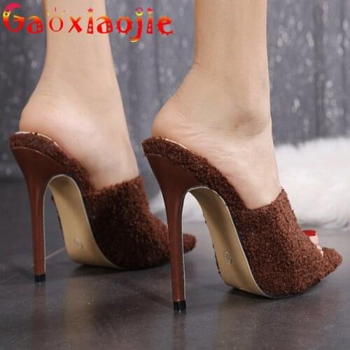 Gaoxiaojie Woman Shoes Summer New Plush Upper High Heel Slippers Women Fashion Square Toe Thin Heels Everyday Office Sandals