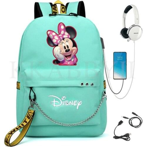 Female backpack Mickey Mouse Canvas Backpack Student Schoolbag Women Letters Print Girls Ribbons USB Charge Backpack