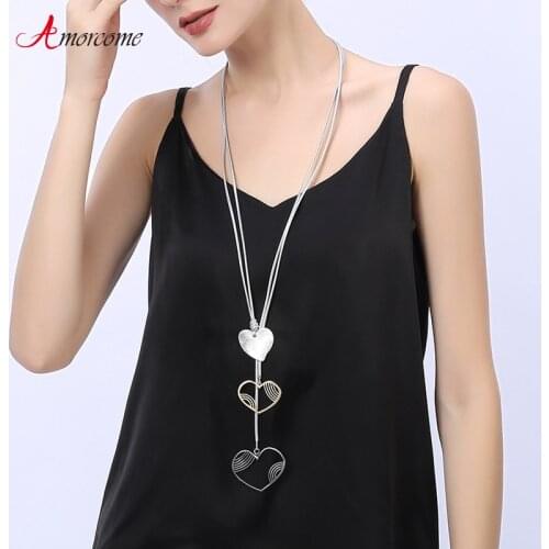 Amorcome 2021 Trendy Boho Long Sweater Chain Necklace Women Female Heart Pendant Adjustable Leather Necklaces Gift Jewelry 80cm