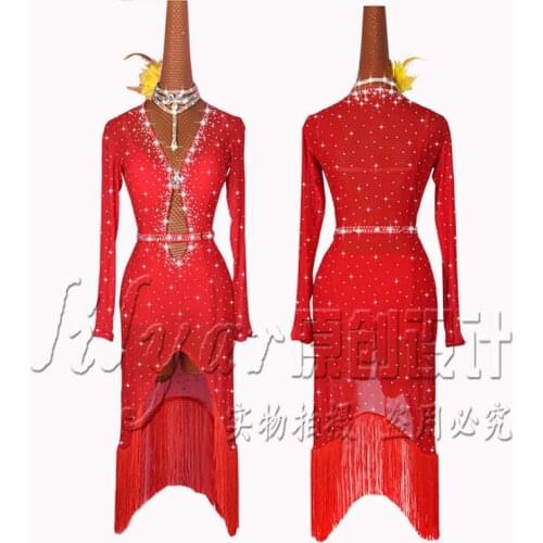Latin Dance Dress Latin Skirt Competition Dress Costumes Performing Dress Practice Skirt Customize Adult Kids Lady Red Mesh New
