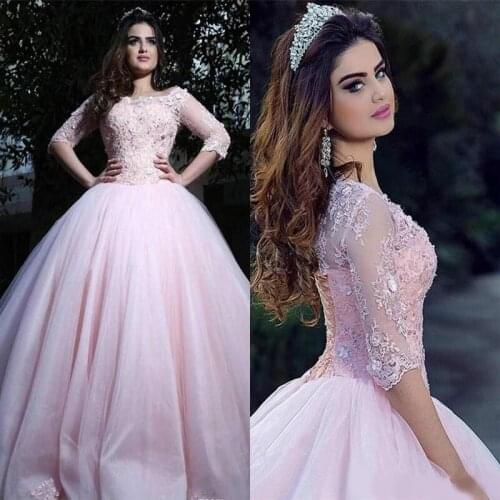 2020 Vintage Blush Jewel neck Quinceanera Prom dresses with half illusion Sleeves Applique Lace Long Party Sweet 15 Vestidos De
