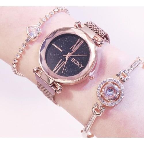 2020 Woman Watches Set 3pcs Magnetic Mesh Band Starry Sky Ladies Watch Luxury Rose Gold zegarek damski reloj Roman Female Clock
