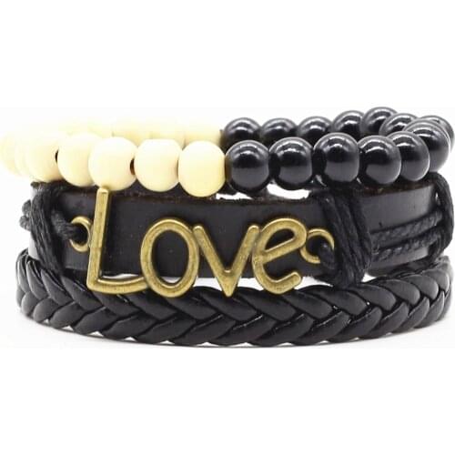 3pcs/set Fashion Handmade Vintage Wood Bead Wrap Love Best Friend Ancho Charm Female Male Men Leather Bracelet For Women Jewelry