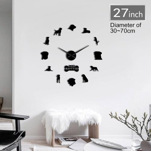 Frameless 3D Acrylic Simple DIY Wall Clocks Rottweiler Dog Breed Puppy Pet Care Store Wall Art Decor Mirror Effect Clock Watch