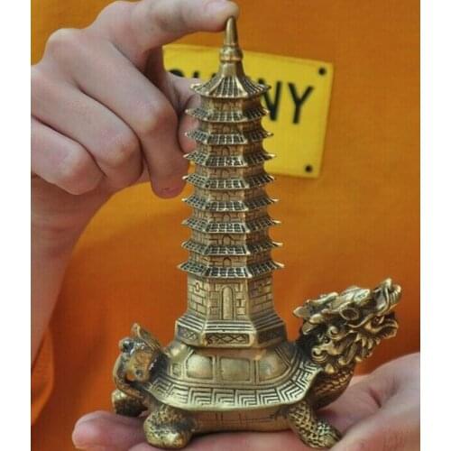 6"China Feng Shui brass Dragon turtle tortoise animal Pagoda pagoda tower statue