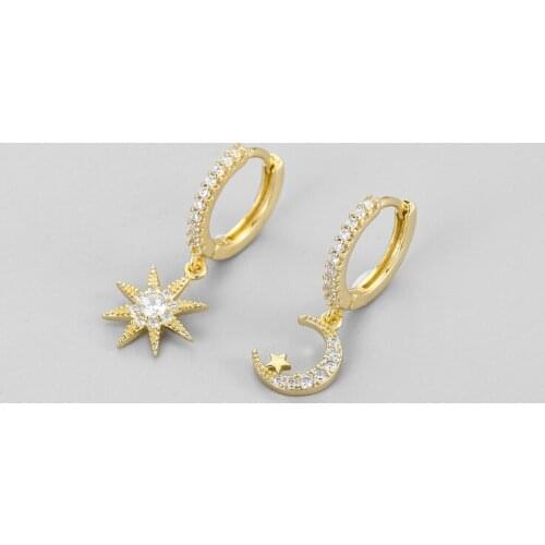 Prevent allergy 925 Sterling Silver Asymmetrical Star Moon Earrings Crystal Charms Drop Earrings For Women Girls Ear Jewelry