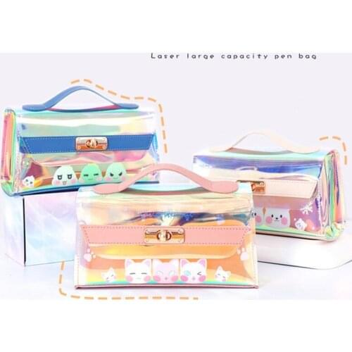 Kawaii Portable Cartoon Cat Pencil Case Laser PU Large Capacity Cosmetic Bag Pen Bag Box Pouch School Office Supplies Stationery