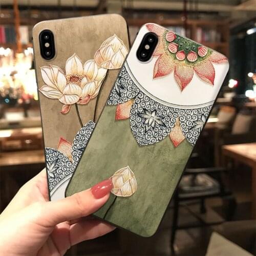 Embossed Lotus Phone Case for iPhone 11 12ProMax X XR XS MAX Capa Chinese Style Soft TPU Back Cover for iPhone 6 7 8Plus Coque