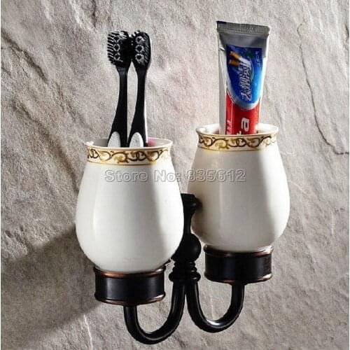 Black Oil Rubbed Bronze Wall Mounted Toothbrush Holder with Two Ceramic Cups Wba472