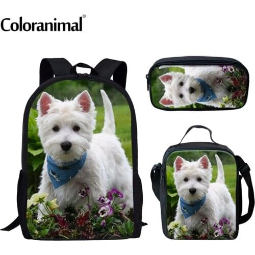 Coloranimal West Highland White Terrier 3D Printed Kids Backpack Printing School Bag Set For Teenager Children Girls Schoolbag