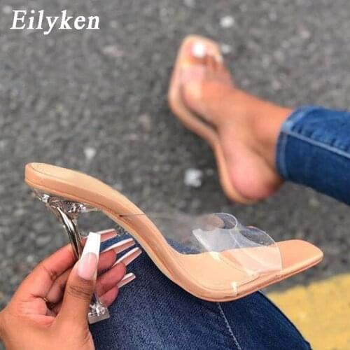 Eilyken PVC Jelly Slippers Crystal Open Toe Perspex High Heels Crystal Women Transparent Heel Pumps Sandals Size 35-42