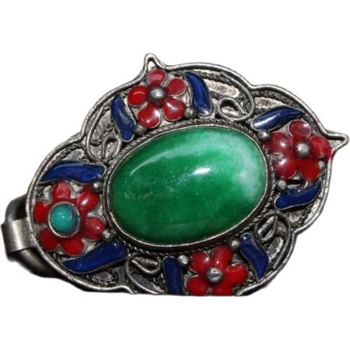 China old Tibetan silver Cloisonne inlaid with greenstone jade Pendant