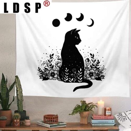 LDSP Moon Phase Cat Floral Tapestry Wall Hanging Covering Rugs Background Cloth Beach Mat Blanket Art Bedroom Dorm Home Decor