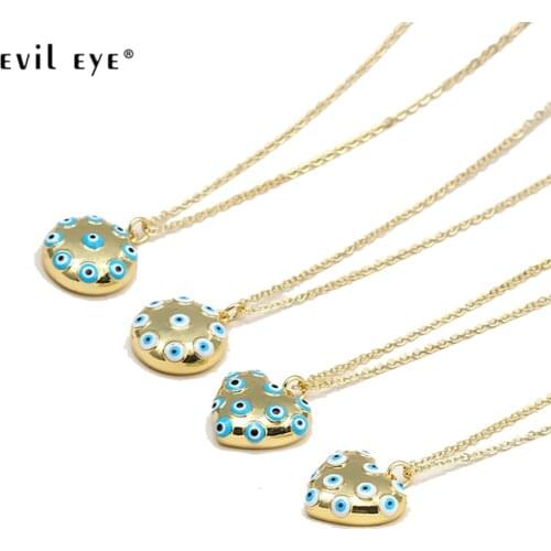 EVIL EYE Copper Heart Round Pendant Necklace Gold Color Blue Turkish Evil Eye Necklace Fashion Jewelry for Women Girls BE278