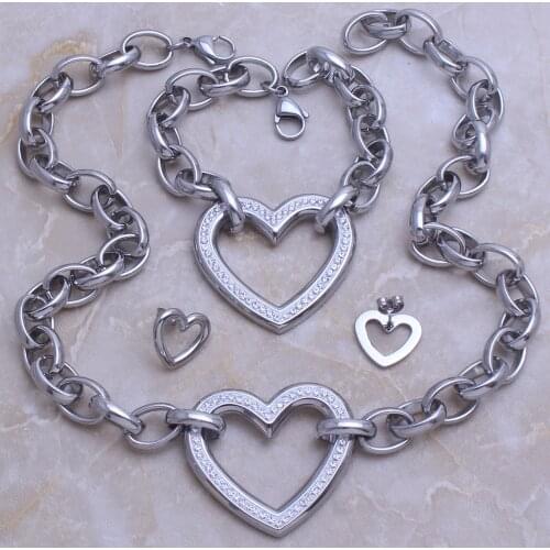 Fashion Jewelry Stainless Steel Rhinestone Heart Pendant Necklace & Bracelet & Earrings Set For Woman&Man Jewels Store SC945013