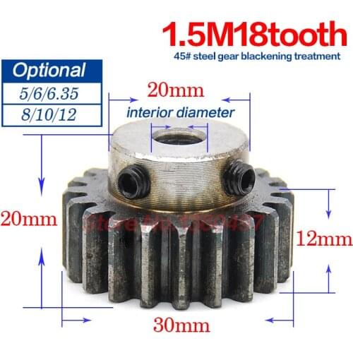 1.5Module Spur Gear pinion Hole 5/6/6.35/8/10/12mm 18Teeth Gear 45 Metal Steel Cylindrical Gears M5 Scew Hole Gray Color