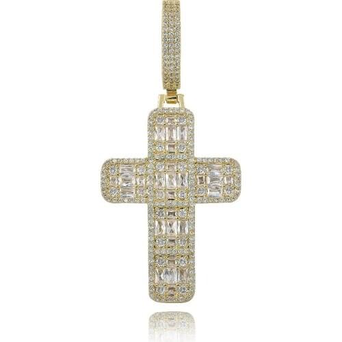 Quality Iced Out Asscher Cut Cross Pendant Necklace Mens/Women Micro Paved Hip Hop Gold Silver Color Bling Charm Chains Jewelry