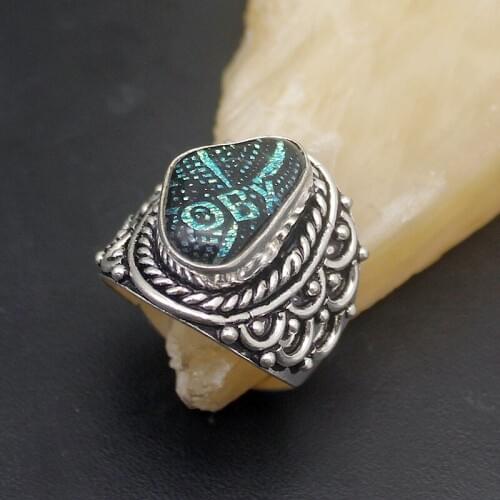 Men Jewelry Solitaire Dichroic Glass Unique Silver Color Band Ring For Men Size 10.5 HD86