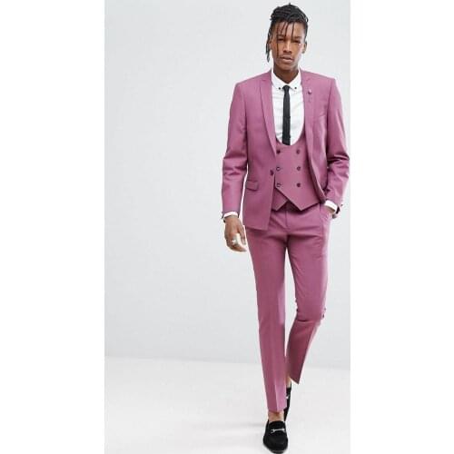 2020 Pink Mens Suits Tuxedo Three Pieces (Jacket+Pants+Vest) Groomsmen Wedding Suits Top Quality Custom Made Prom Suits Mens Han