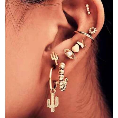 Fashion Personality Womens Earrings Exaggerated Punk Cactus Eyes Earrings Ear Clips Nine-Piece Set 2021 Trend New Party Gift