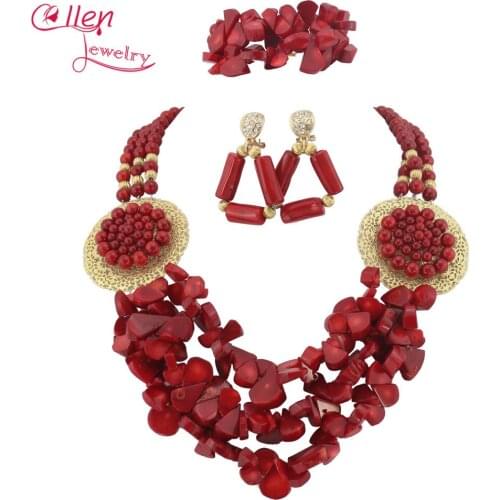 Nigerian African Wedding Coral Beads Jewelry Set Orange Coral Jewelry Set Necklace Bracelet Earrings Sets TL1498