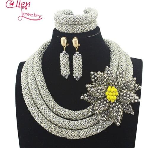 Latest Beauty silver nigerian wedding beads Bride Crystal Costume Necklace Set Flower Brooch african beads jewelry sets E1011