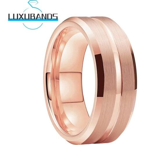 8MM Rose Gold Wedding Rings For Men Wemens Flat Center Grooved Beveled Edges Brushed Finished Comfort Fit