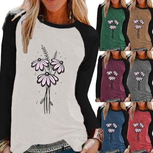 Autumn Ladies Casual Long Sleeve Shirt Fashion Round Neck Loose Flowers Print Womens T-shirt Sweatshirt Elegant Shirt XS-5XL