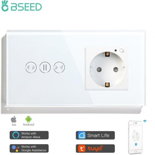Bseed Russia Smart Wifi Curtain Switch EU Standard Work With Tuya 16A EU Socket With 3 Colors Crystal Glass Panel