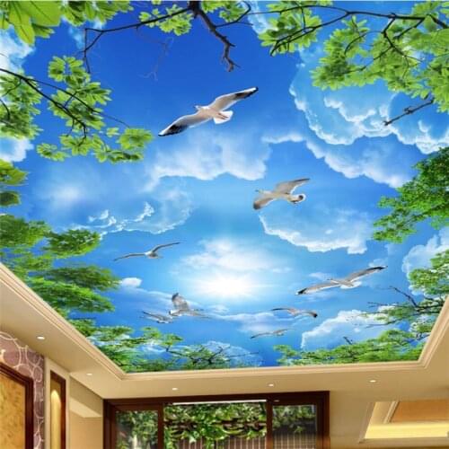 Beibehang Custom Wallpaper Home Decorative Murals Aesthetic Blue Sky White Cloud Green Leaf Ceiling Zenith Mural 3d wallpaper