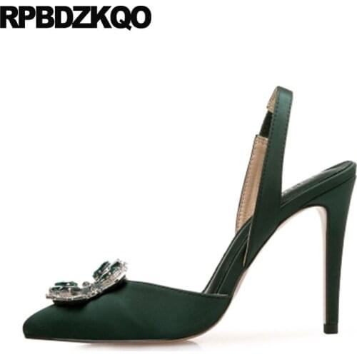 Crossdresser High Heels Big Size Pointed Toe 12 44 Women Satin Slingback Thin Green 11 43 Pumps Crystal Silver Shoes Rhinestone