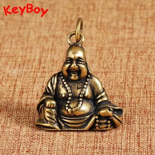 Vintage Brass Smiling Maitreya Buddha Figure Key Chain Pendant Jewelry Copper Lucky Car Key Chain Rings Hangings DIY Accessories