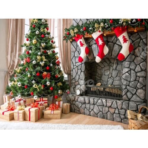 VinylBDS Background Photostudio Christmas 10x10ft Christmas Tree Fireplace Newbornchristmas Decorations Photography Background