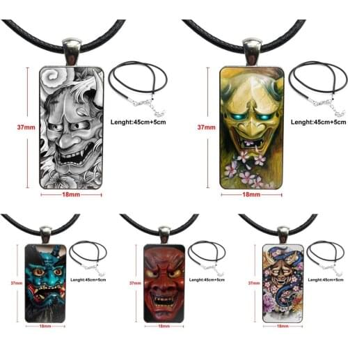 Japanese Oni Hannya Demon Mask Glass Cabochon Jewelry Steel Color With Long Pendant Choker Rectangle Necklace For Girls Gift