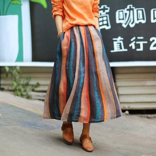 Women Spring Summer Elastic Waist Colorful Striped Skirts ladies Ramie Stripe Skirt Female Retro Ramie Stripes Skirt 2019
