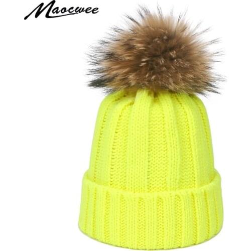 Women Autumn Winter Beanie Cap Female Acrylic Wool Hats With Real Fur Pompon Knit Windproof Outdoor Warm Fluorescent Beanie Hat