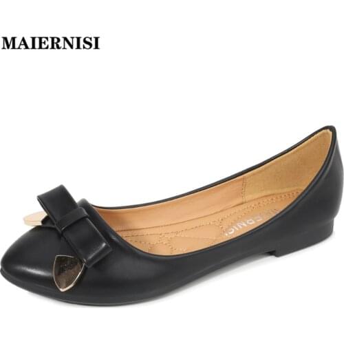 MAIERNISI 2021 Spring/Autumn Black PU leather Shoes Women Larger Sizes 46 Ballet Fats Pointed Toe Shallow Slip-on Ladies Loafer