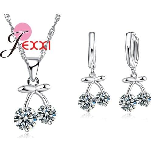 Pretty Cherry Design Women Cute Jewelry Set 925 Sterling Silver Necklace/Earrings/Pendant CZ Crystal Accessories Sets