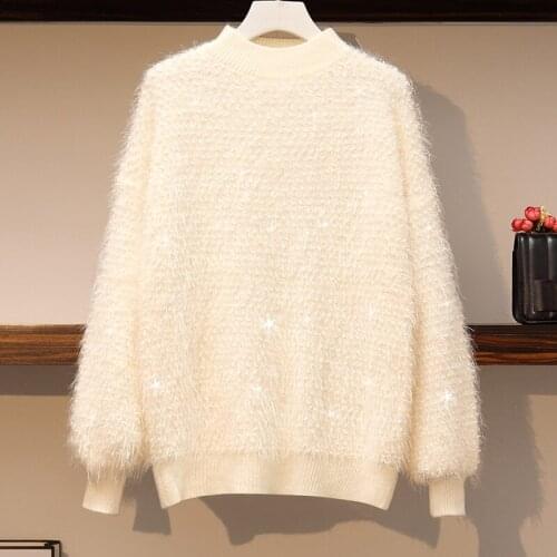Womens Soft Warm Knit Pullover Mohair Wave Dot Stitching Pink Sweater Loose White Casual 2021 Autumn And Winter New Top