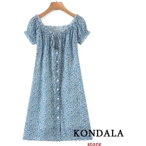 KONDALA Za Women Dress Fashion 2021 Sweet Button Mini Dress Square Collar Stretch Girls Dress Vintage Mujer Vestidos