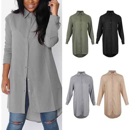 Womens Long Sleeves High Low Chiffon Shirt Dress Collared Casual Tops