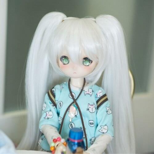 1/3 1/4 BJD Doll Wig Lovely Cartoon Anime White Double Ponytail Long Straight Hair Bangs Wig For BJD Doll DIY Dress up Cosplay
